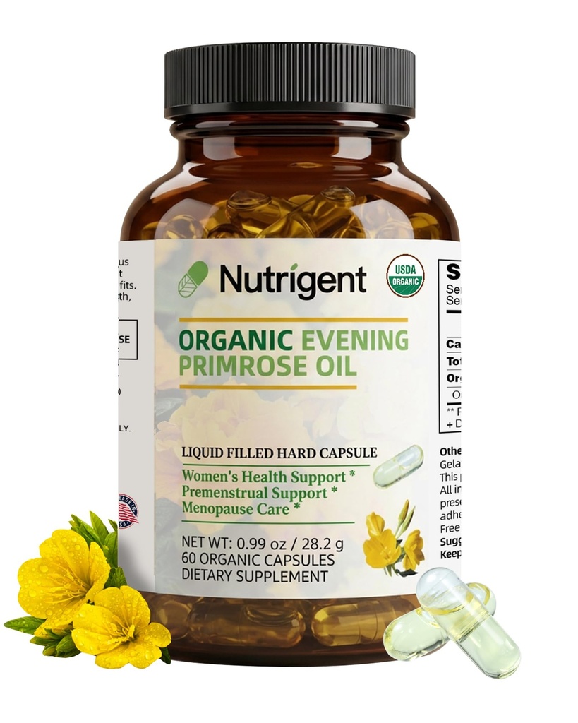 Organic Evening Primrose Oil Supplement, 940 mg 100% Pure 10%: lla GLA: sta, suuri imeytyminen nestemäisiä orgaanisia kapseleita, edistää naisten terveyttä ja ihon terveyttä, kylmäpuristus, 60