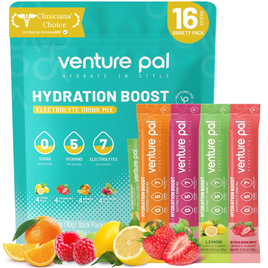 Venture Pal Sugar Free Electrolyte Powder Packets - Liquid Daily IV Drink Mix för snabb Hydration & Party Recovery | 5 Vitaminer & 7 Electrolytes | Keto Friendly | Non-GMO | Certified Vegan | 16 Sticks