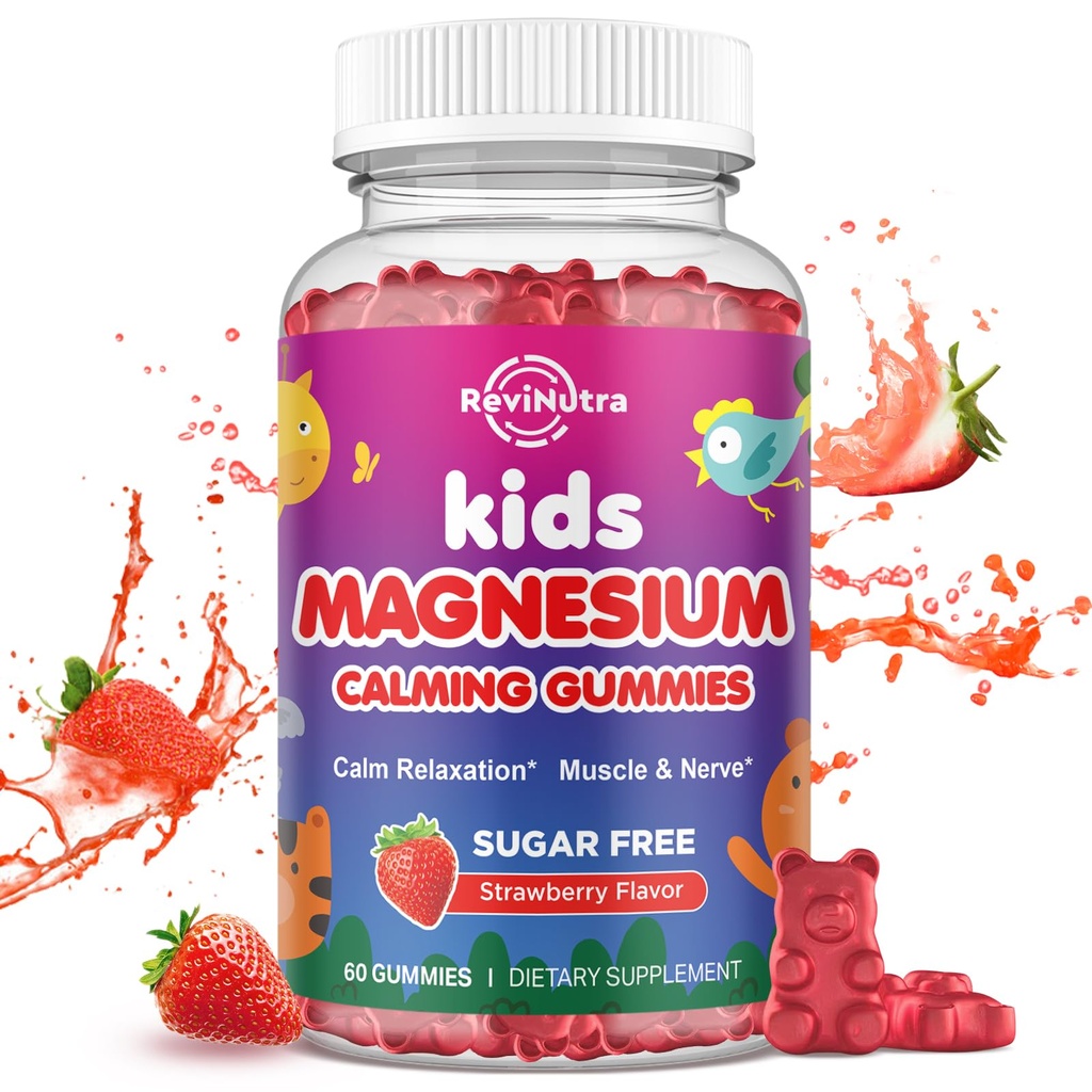 Magnesium Gummies för barn - Magnesium Glycinate Gummies med L-Theanine, Chamomile, Vitamin B6, D för barn och vuxna sova, stress, muskelavlastning och nervben - Sugar Free Strawberry 60ct
