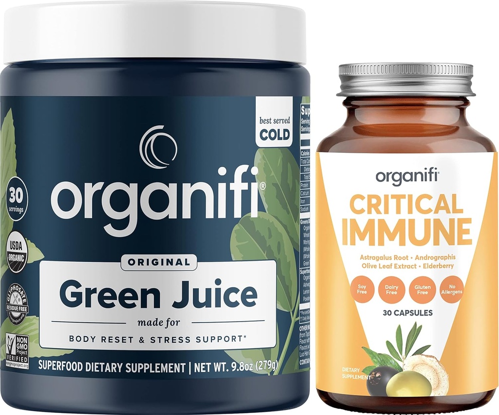 Organify Green Juice Superfood Powder (30 portioner) och kritisk immun (30 kapslar) - Vitamin C, Viktkontroll, Detox Cleanse, Stress Relief och Immunity Support - Gluten Free, Vegan, Whole Food
