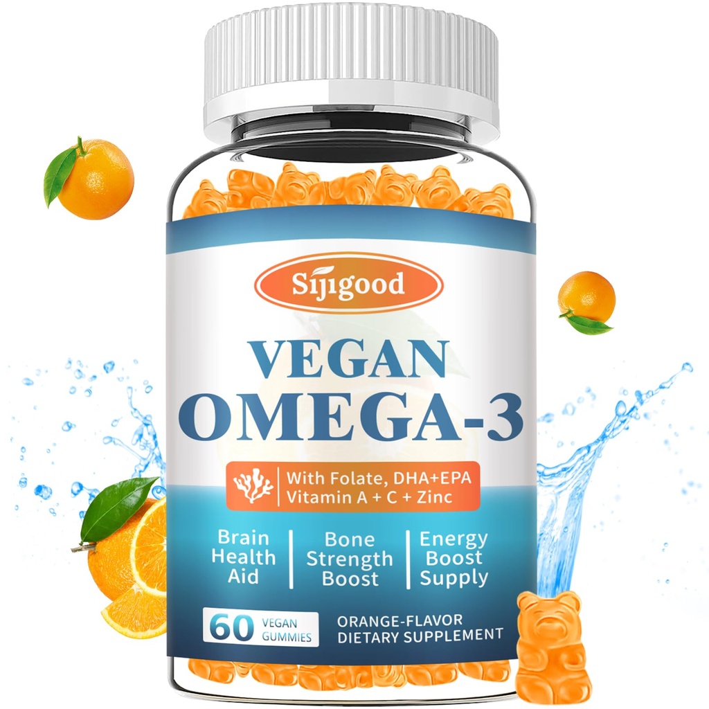 Omega-3 Gummies Potent Algae Omega Source, Boost Brain, Eye & Immuuni toiminto, DHA ja EPA Vegan & Sugar Free, Orange Flavor, 60