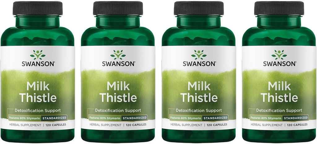 Swanson Milk Thistle (Standardized) - Herbal Liver Support Supplement w/ 80% Silymarin - Natural Formula Auttaa säilyttämään kaiken terveyden ja hyvinvoinnin - (120 kapselia) (4 pakkaus)