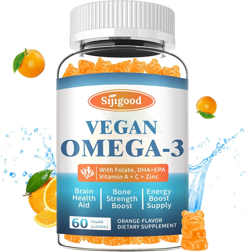Omega-3 Gummies Potent Algae Omega Source, Boost Brain, Eye & Immuuni toiminto, DHA ja EPA Vegan & Sugar Free, Orange Flavor, 60