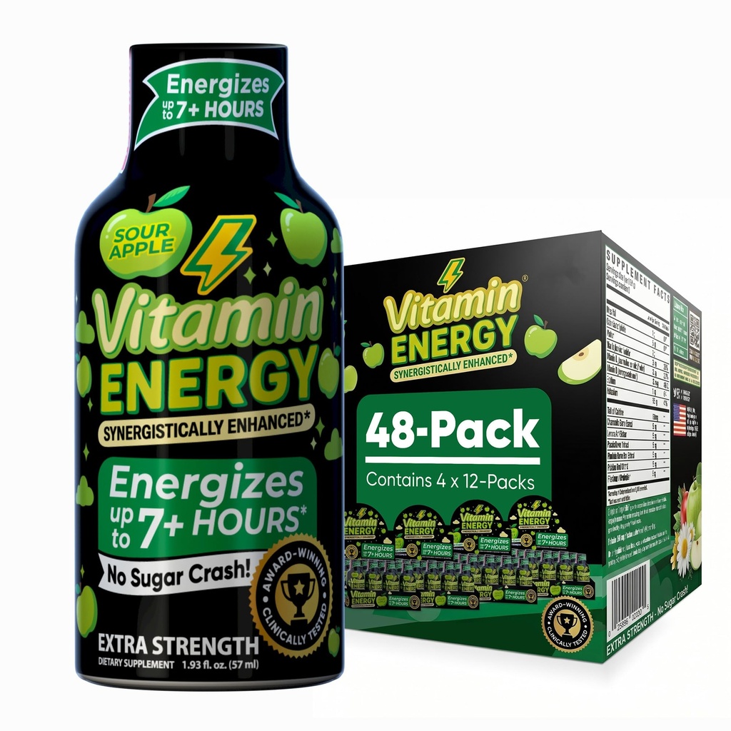 Vitamiini Energy Treout+ Extra Strength Energy Shot Sour Apple 48 Pack, 260 mg Natural Comfeine, Pre-Workout, B-vitamins, Minerals, Endurance & Performance, Zero Sugar, Gluteeniton, Vegan, 1,93 fl oz
