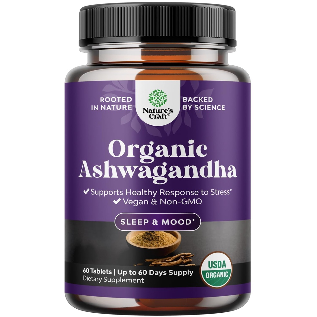 High Strength Organic Ashwagandha Lisäravinteet - Ashwagandha Organic Tabletit mielialan tukea & Hormoni Balance naisille & miehet - juuriuutejauhetta mustapippuri parempaan imeytymiseen - 60 Ct