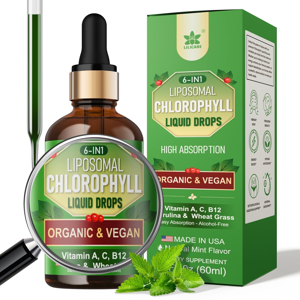 Orgaaninen klorofylli Liquid Drops Liposomal for women & Men, 6-in-1 Greens Superfood Vegaani klorofylli w/spirulina, vehnäruoho, C-vitamiini B12 A internal deodorant*, energia, digestiivinen,1Packs/2 Fl Oz