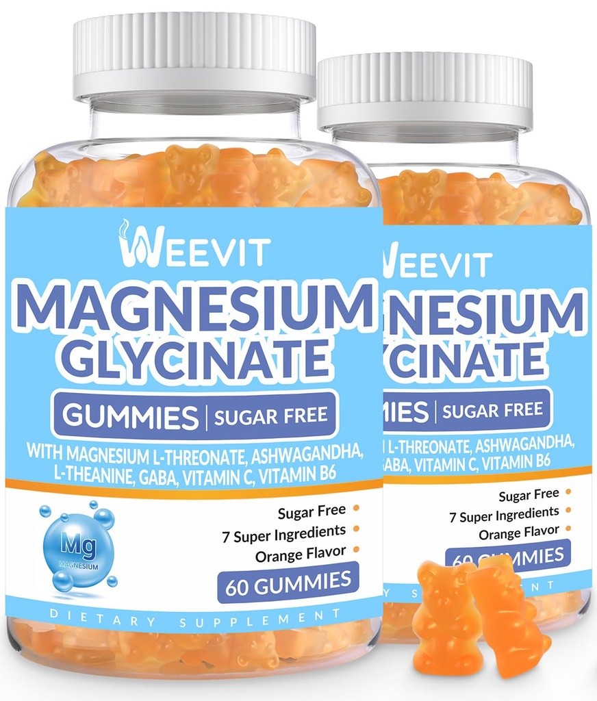 Sugar-Free Magnesium Glycinate Gummies med L-Threonate, Magnesium Supplements för kvinnor och män med Ashwagandha, L-Theanine, GABA, Vitamin C, B6