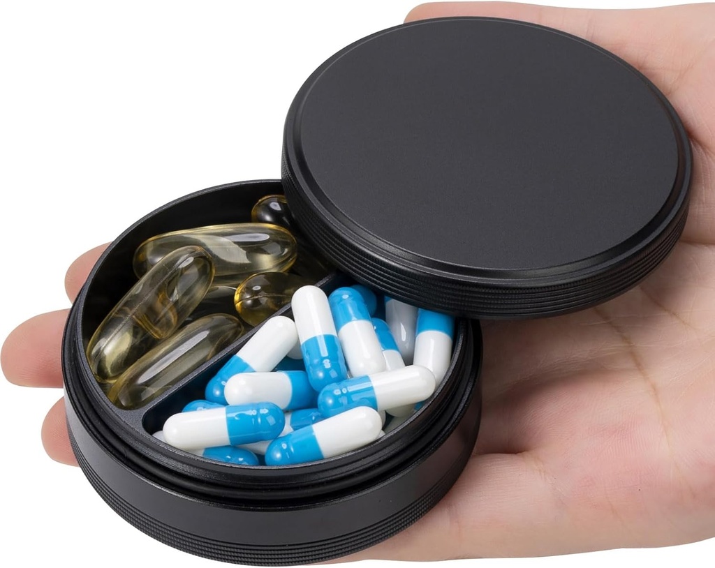 Pillerilaatikko 2 Osasto Pilleri tapauksessa - Kannettava Metal Travel Pill Container taskuun tai laukkuun, vedenpitävä pilleri Organizer haltija lääketieteen vitamiini Kalaöljy ja lisäravinteet