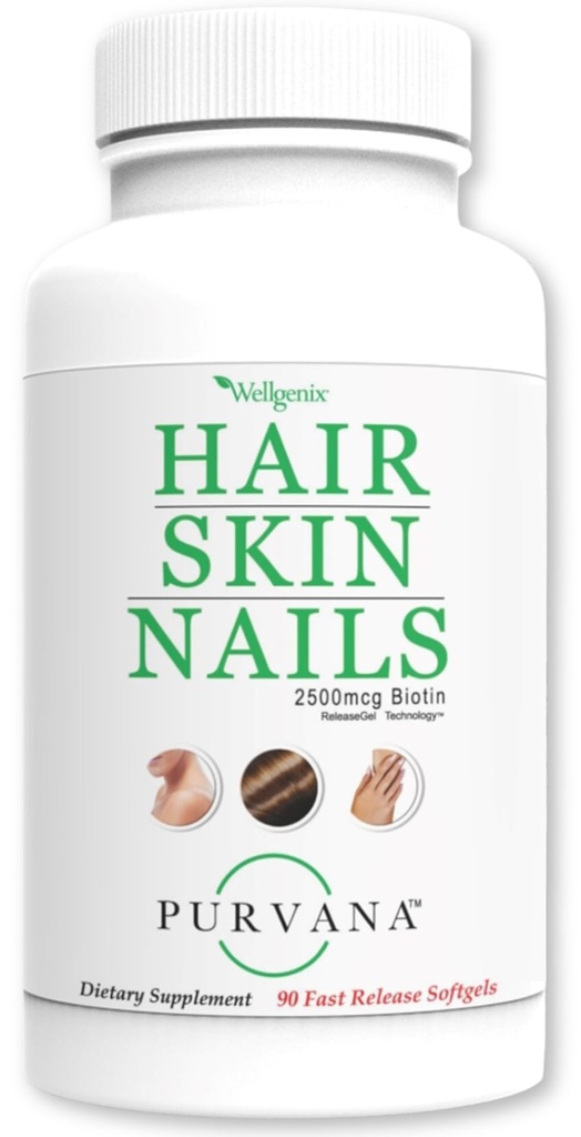 Wellgenix Purvana Hair, Skin, and Nails - One a Day Softgel - 2500mcg Biotin, DMAE, MSM, Horsetail, Grape Seed Extract - Anti ikääntyminen, PCOS & Postpartum hiusten kasvua, vahvat kynnet (90 kreivi)