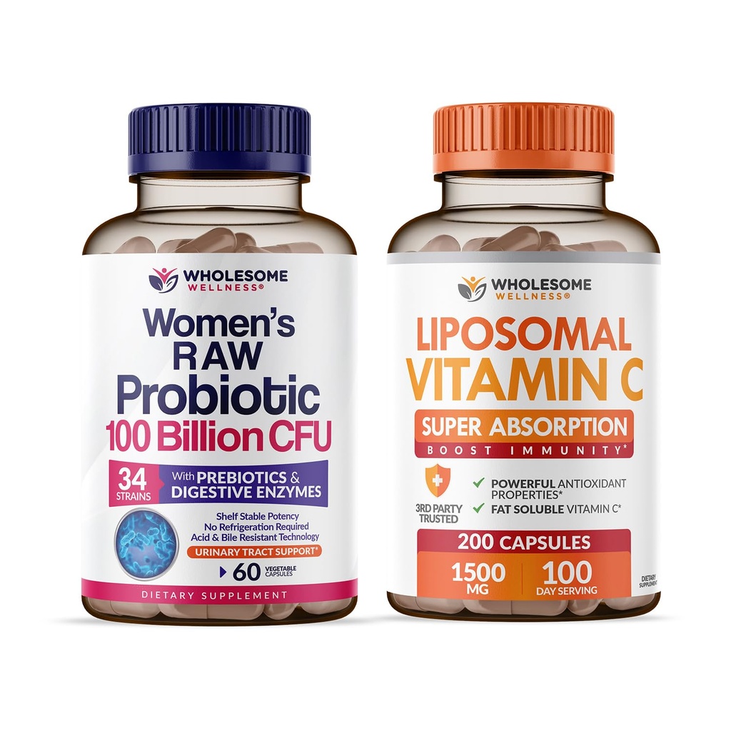 Terveellinen hyvinvointi Probiootit naisille 100 miljardia PMY Prebiootit, Dgestive Enzymes + Liposomal C-vitamiini kapselit korkea Imeytyminen, Askorbiinihappo täydentää Bundle