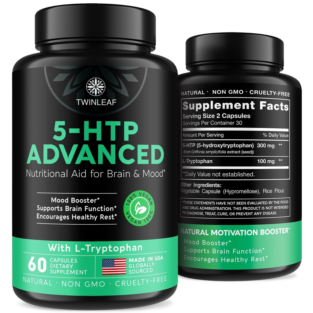 TWINLEAF 5 HTP täydentää mielialan tuki - Valmistettu USA - Natural 5-HTP & L-tryptofaani kapselit - 5-HTP Booster miesten & naisten - ominainen Formula mielialan ja rentoutumista - 60 Vegan kapselit
