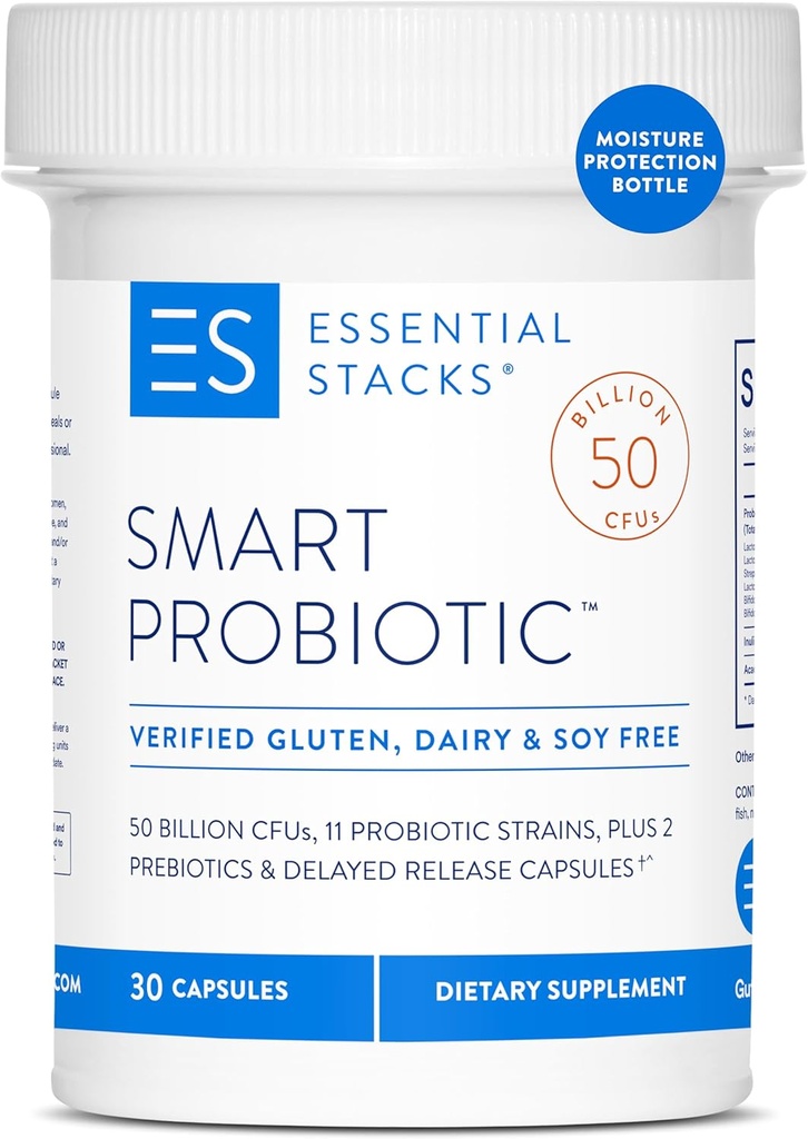 Essential Stacks Smart Probiootti - 50 miljardia PMY, 11 Probiootti kanta, 2 Prebiootit, Viivästynyt Release Kapselit - Päivittäinen probiootti Prebiootti naisille ja miehille (30 kapselia)