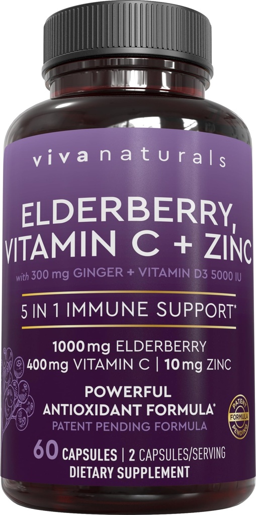 Viva Naturals Black Elderberry med vitamin C och Zink för vuxna (60 greve) - Sambucus Elderberry Immune Support Supplement, Black Elderberry Capsules för vuxna, Elderberry Supplements för kvinnor