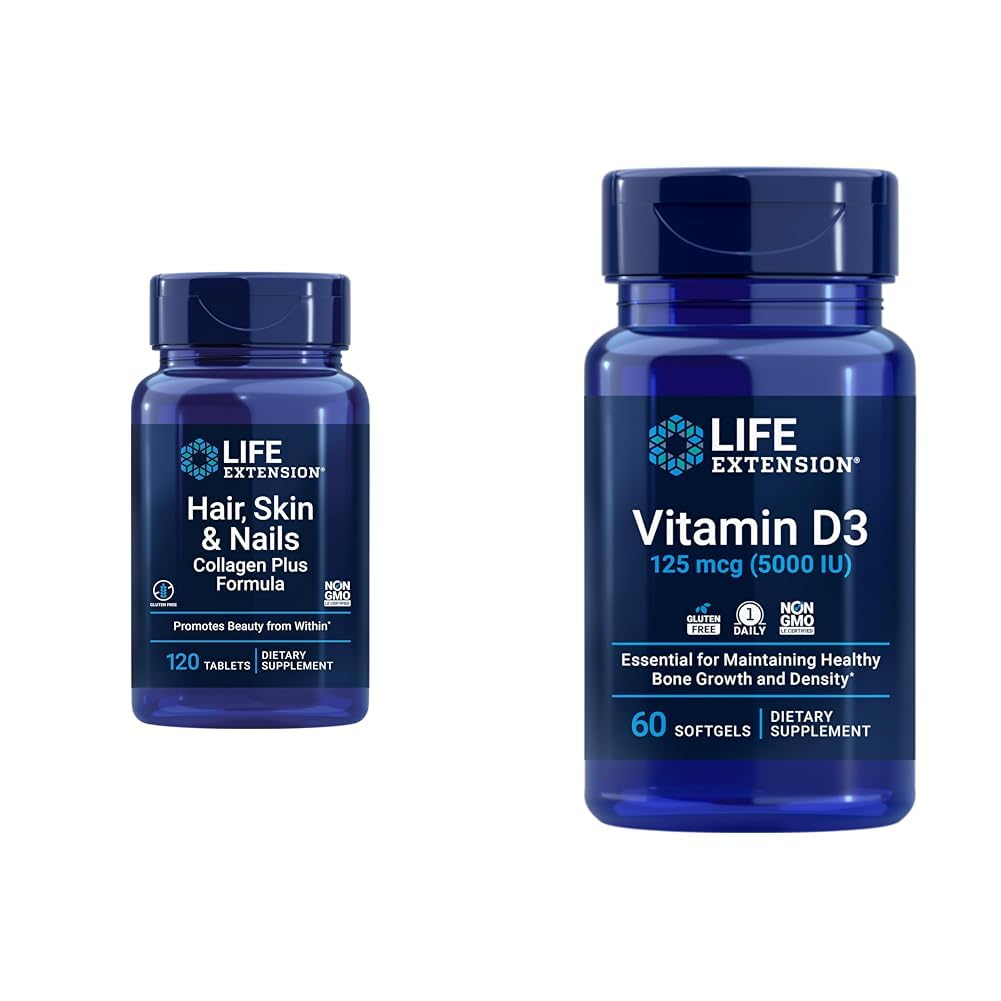 Life Extension Hiukset, iho ja kynnet Collagen Plus Formula D3 5000 IU - edistää Collagen, Keratin, Bone, Aivot, Immuunien ja kynsien terveys - 120 Count & 60 Softgels