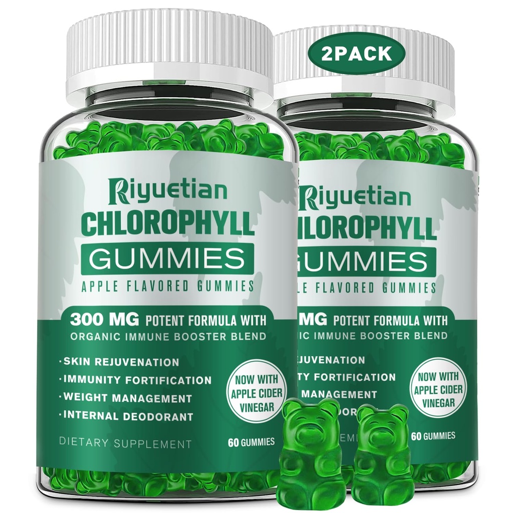 Sokerittomat klorofyllit - suodattamattomat ACV & C.B.12-vitamiinit - energiatehosteet, immuuni- ja digestiotuki, luonnollinen deodorantti, ihonhoito - Vegan, ei-muuntogeeniset - 120 Gummie
