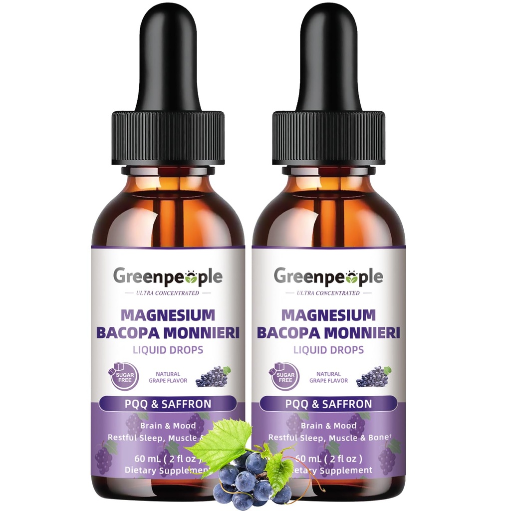 GREENPEOPLE Magnesium Glycinate Liquid Drops - 1000mg 5-i-1 High Absorption Liquid Magnesium för sömn med D3/K2/B6 | Fast-Acting, Bone, Muscle & Sleep | Sugar-Free Grape Flavor, 2fl Oz 2 Pack