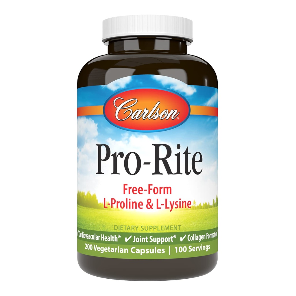 Carlson - Pro-Rite, Free-Form L-Proline & L-L-Lysine, Health, Joint Support & Collagen Formation, 200 kapselia