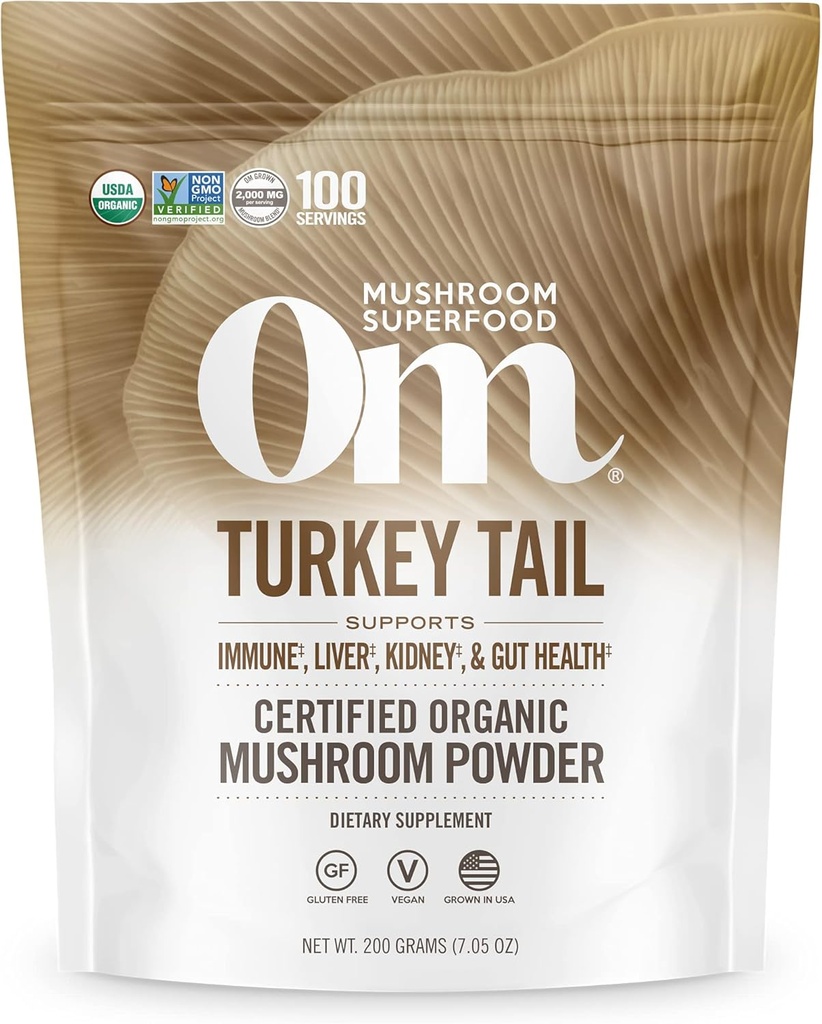 Om Mushroom Superfood Turkey Tail Organic Mushroom Powder Pouch, 7.05 Ounce, 100 Servings, Immuuni tuki, Polysacchrides, Beta-Glucans, Gut Health & kokonaisvaltaisen puolustuksen sieni täydentää