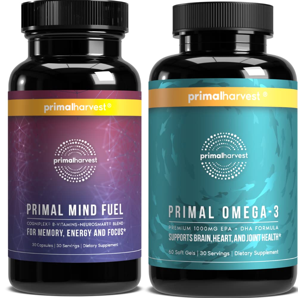 Primal Harvest Mind Fuel & Omega 3 täydentää naisten ja miesten kalaöljy kapselit ja mielen polttoaine aivojen Booster pillereitä Bundle