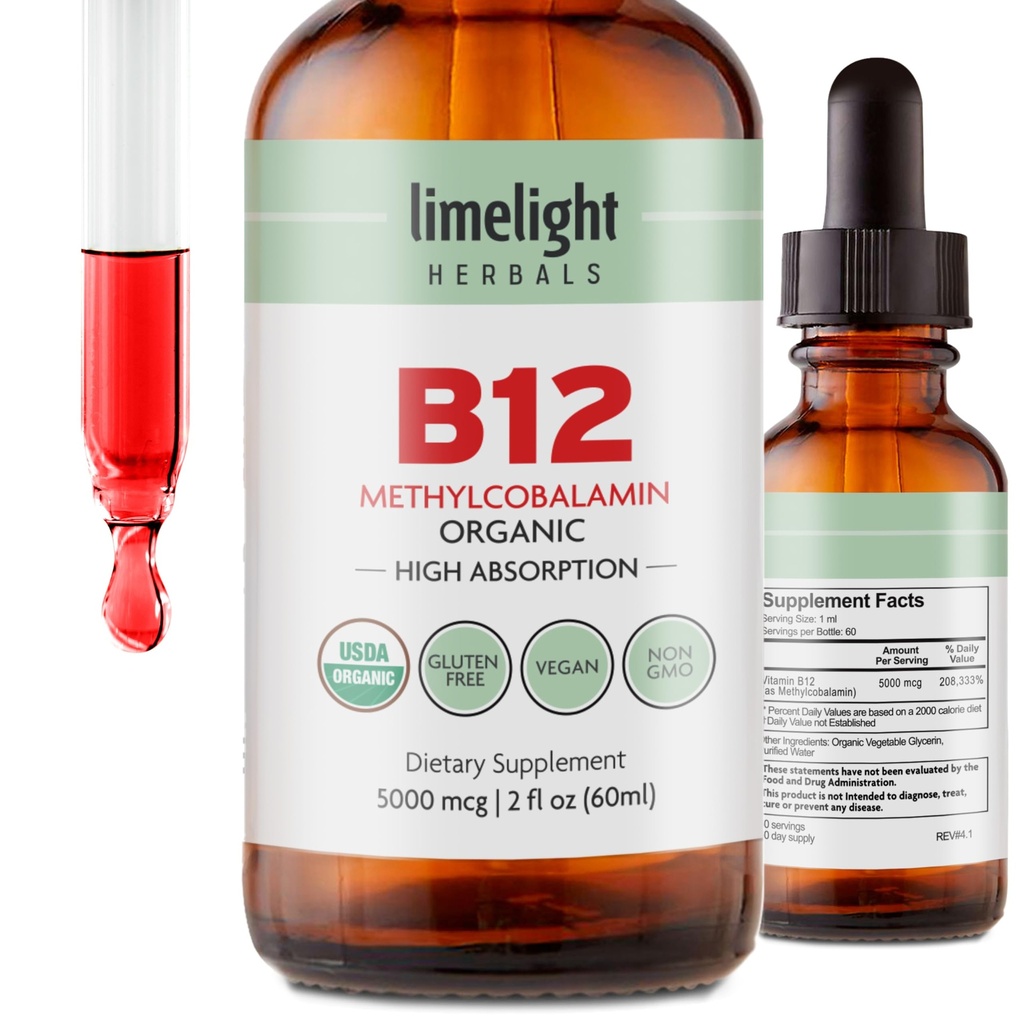 USDA Organic B12-vitamiinin nestetippa ... 5000 mikrog metyylikobalamiini...