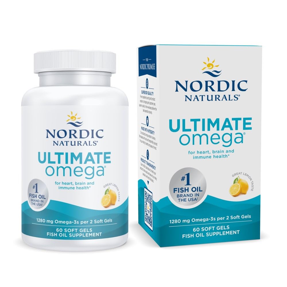 Nordic Naturals Ultimate Omega, Lemon Flavor - 60 pehmeää geeliä - 1280 mg Omega-3 - Korkeatehoinen kalaöljy EPA & DHA - edistää aivojen ja sydämen terveyttä - ei-GMO - 30 tarjoilua