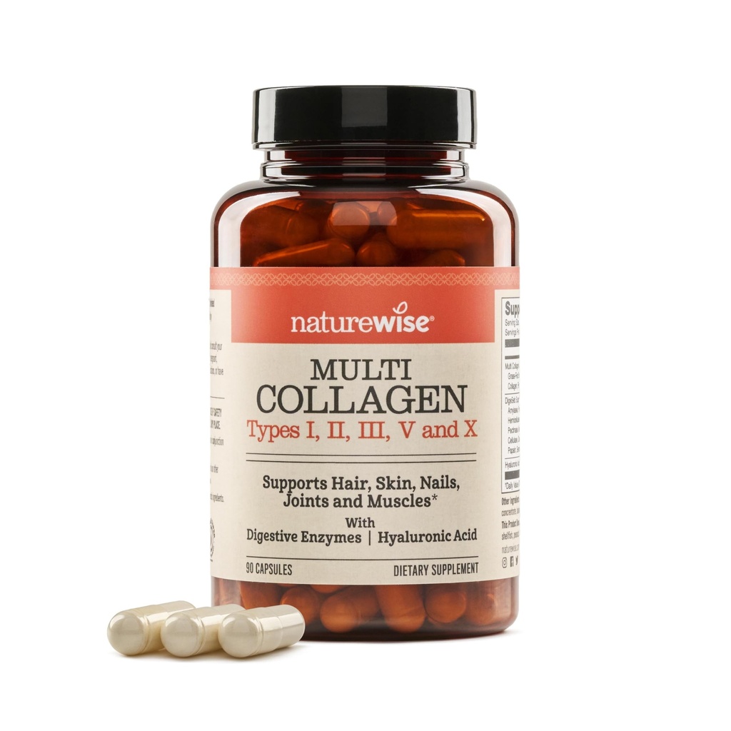 NatureWise Multi Collagen Peptides Pills for Women & Men - Tyyppi I, II, III, V, X w/Hyaluronic Acid - Tukee ihoa, hiuksia, yhteinen terveys* - Grass Fed, Gluteeniton, Ei-GMO - 90 kapselia[30 päivän tarjonta]