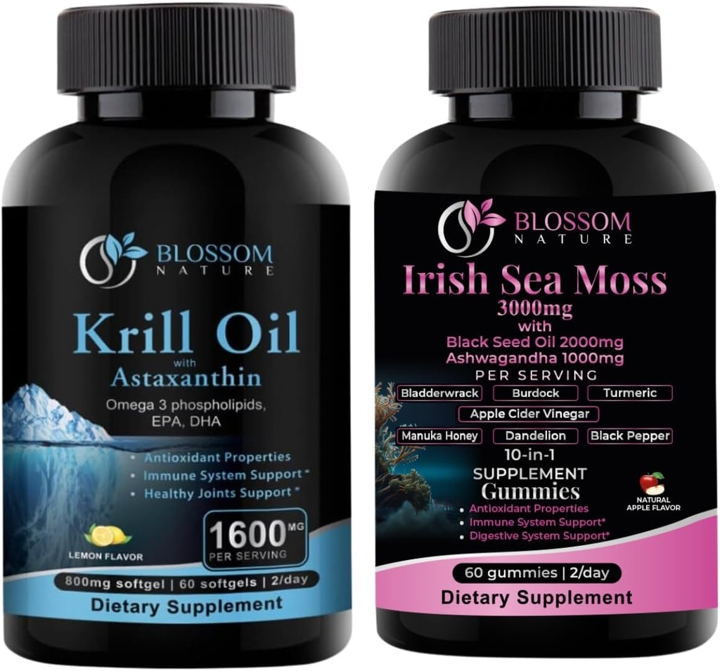 Antarktis Krill Oil 1600mg kanssa Astaksantiini 2mg ja Irlanninmeri Moss Gummies 3000mg kanssa Black Seed Oil ja Ashwagandha 2000mg