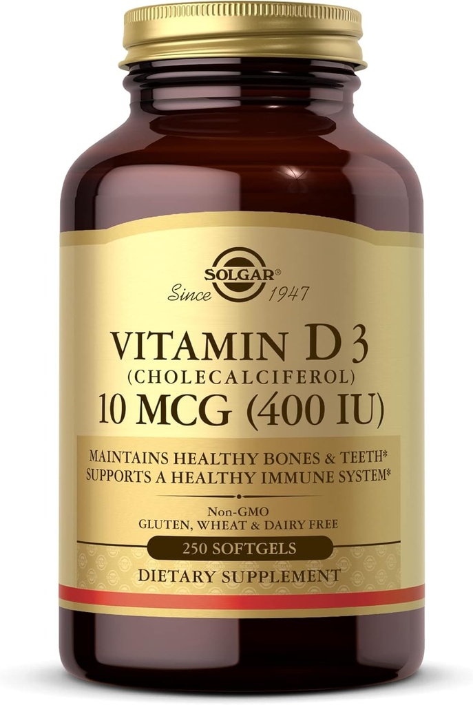 Solgar D3-vitamiini (kolekalsiferoli) 10 MCG (400 IU), 250 Softgels - auttaa säilyttämään terveet luut ja hampaat - immuunijärjestelmän tuki - ei-GMO, Gluteeniton, Dairy Free - 250 tarjoilua
