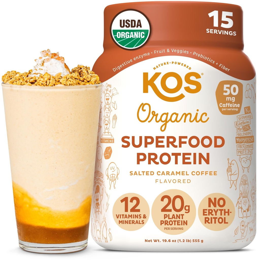 KOS Vegan Protein Powder, Salted Caramel Coffee - Low Carb Pea Protein Blend, Organic Plant Superfood Rich i vitaminer och mineraler - Keto, Dairy Free - Meal Replacement för kvinnor och män - 15 portioner