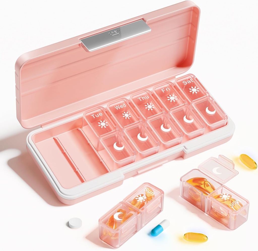 Betife AM PM Pill Organizer 2 Times A Day, 7 Day Pill Box Weekly Pill Organizer Travel med separat behållare, Portable Daily Medicine Planner Dispenser Case för vitamin, fiskoljor, kosttillskott