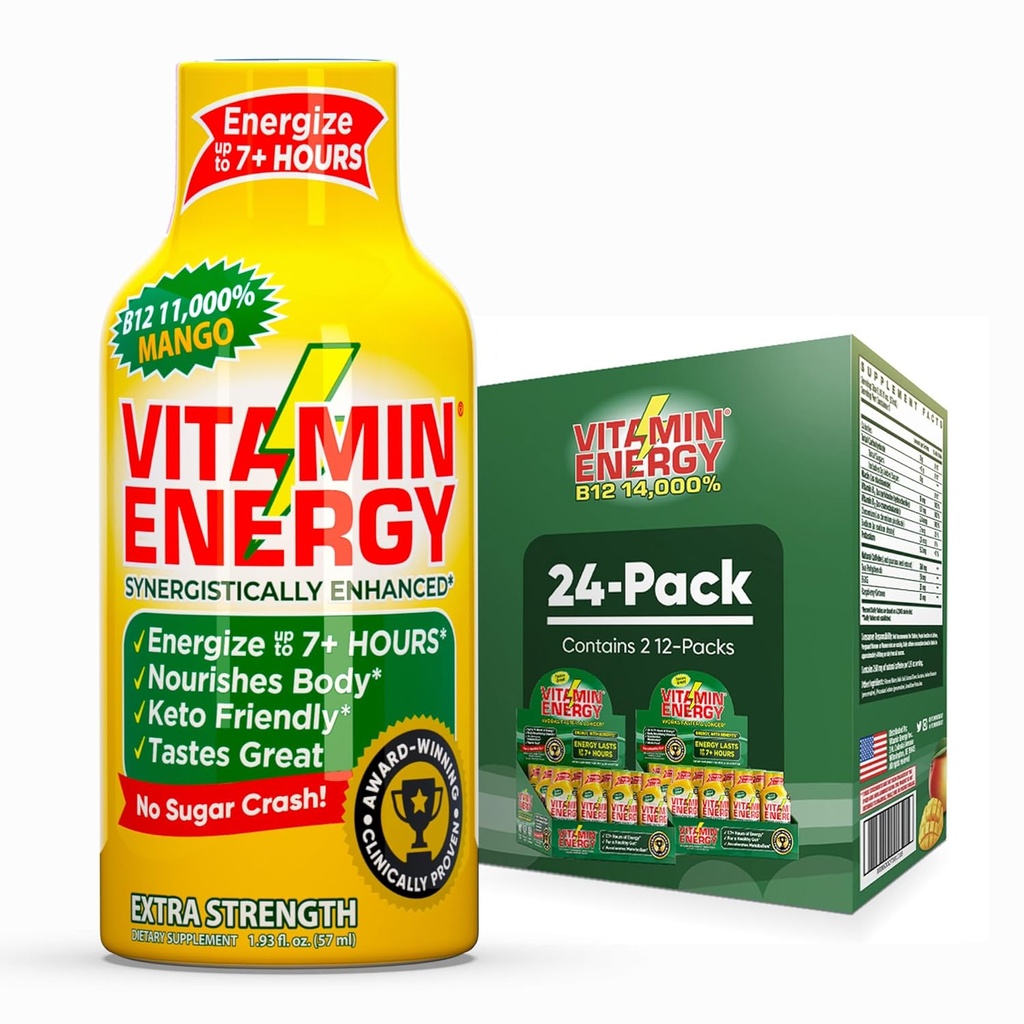 B12 11 000% Extra Strength Energy Shot Mango 24 Pack, 260 mg Natural Comfeine, B12 & B6, Nootrophic Focus, Vitality, Zero Sugar, Gluteeniton, Vegaani, Kosher, 1,93 fl oz