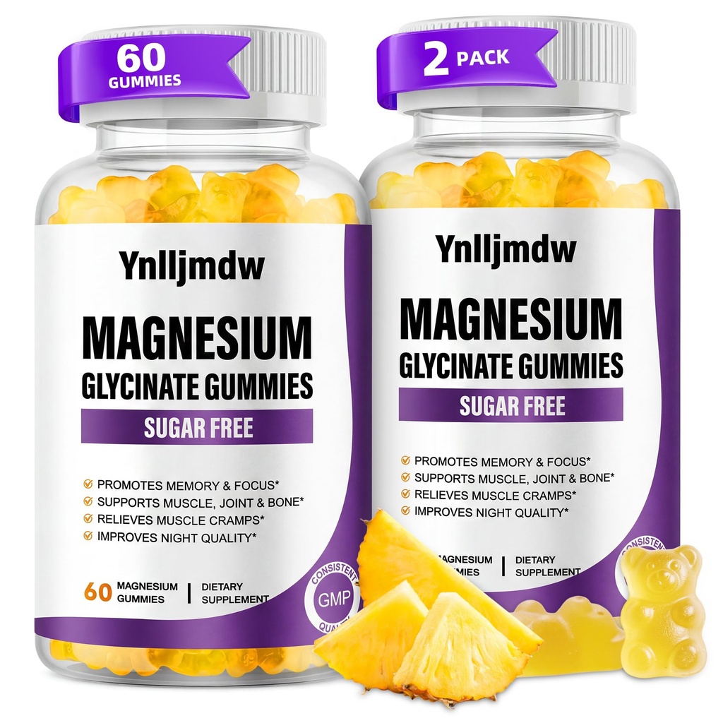 (2 pakkaus) Magnesium Glycinate Gummies 500 mg, korkea-absorptio Magnesium täydentää kalsiumia ja vitamiineja, tuki luuta, lihaksia, yö, muistia ja mielialaa, vegaania, ei-GMO, 60 kreivikuntaa, ananas makua
