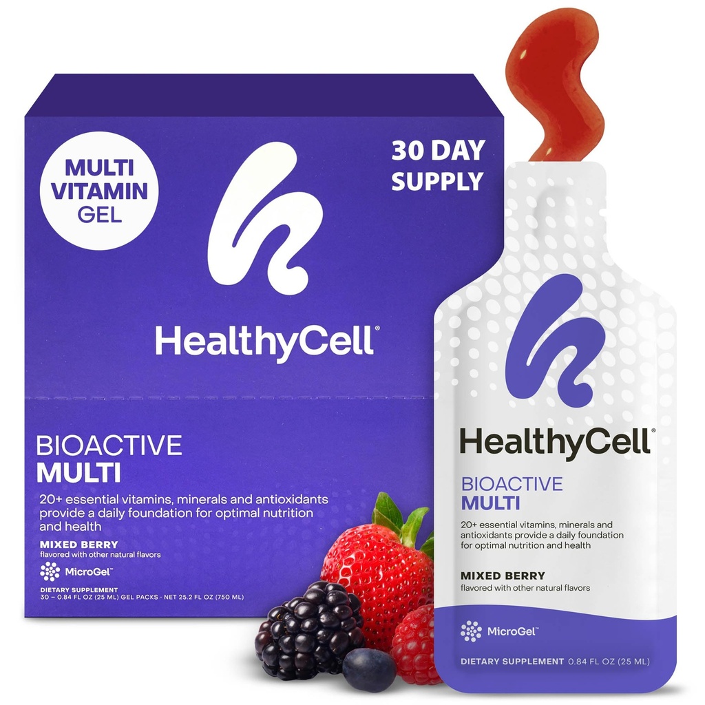 Healthycell Bioactive Daily Liquid Multivitamiini miehille ja naisille 20+ Essential Vitamiineja, Minerals & antioksidantteja aivoille, sydämelle, immuniteetille, energialle, iholle ja hiuksille - 30 Gel Packs