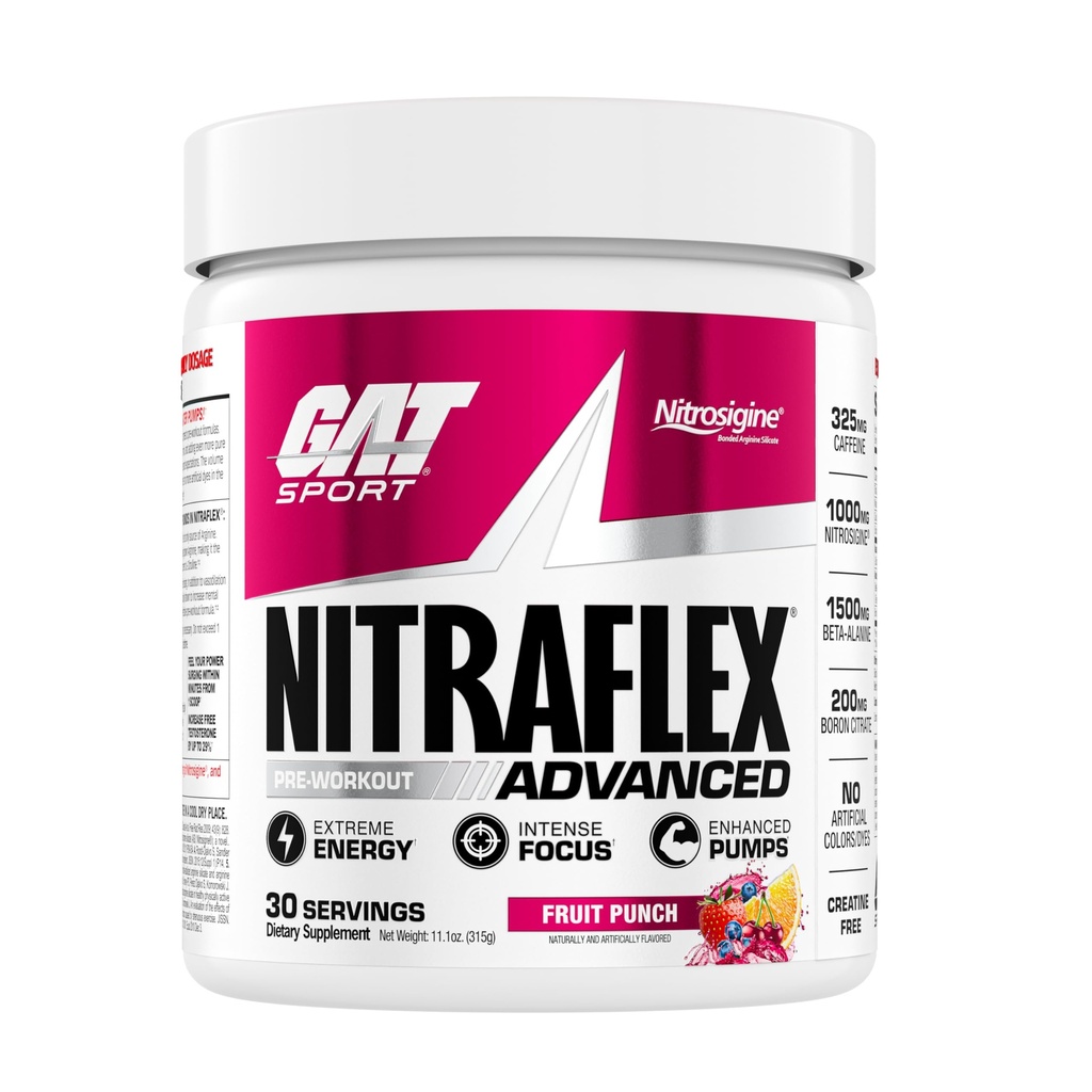 GAT SPORT Nitraflex Advanced Pre-Workout Powder, lisää veren virtausta, lisää voimaa ja energiaa, parantaa harjoitus suorituskykyä, miehet ja naiset (Fruit Punch, 30 palvelinta)