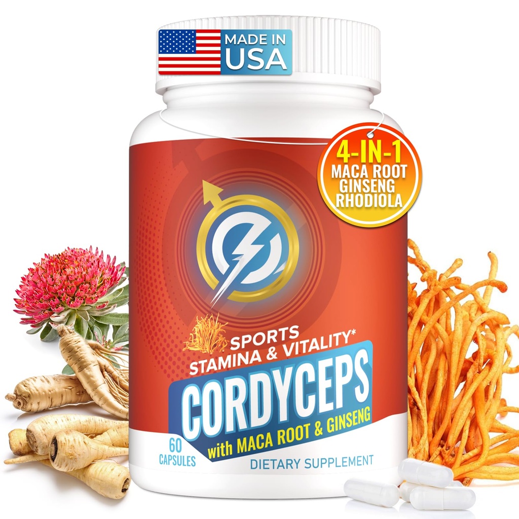 Cordyceps Mushroom Capsules - Immune & Energy Support Supplement med Cordyceps Militaris, Maca Root, Ginseng, Rhodiola, Mushroom Supplement för uthållighet, Stamina, atletisk prestanda, 60 kapslar