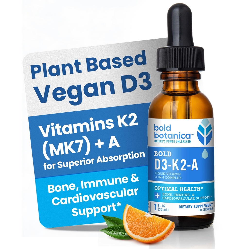 Bold Botanica D3-K2-A, Liquid Vitamin Complex, Vegan D3 från Organic Algae med Vitamin K2 (MK7) och A för Immune Support, Natural Orange smak, smakar läckra, 1 FL OZ. (30mL)
