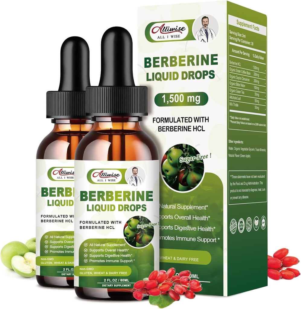 2 Pack Berberine Supplement Liquid Drops för Immune System & Digestive System Supports - Premium Berberine HCL 1500mg med Pure Ceylon Cinnamon -4 Fl Oz