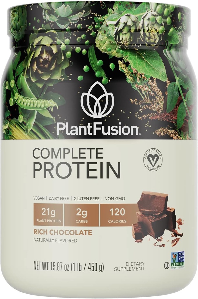 PlantFusion Complete Vegan Protein Powder - Plant Based Protein Powder with BCAAs, Dgestive Enzymes and Pea Protein - Keto, Gluteeniton, soijaton, Ei meijeri, Ei sokeria, ei GMO - suklaa 1lb