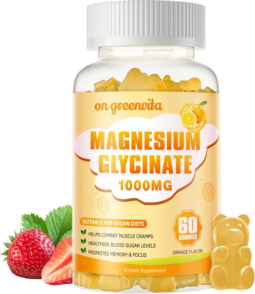 Magnesium Glycinate Gummies 1000mg - Sugar Gratis Magnesium Kalium Tillägg med vitamin D, B6, Q10 för Calm Mood & Sleep Support - 60 Orange Gummies