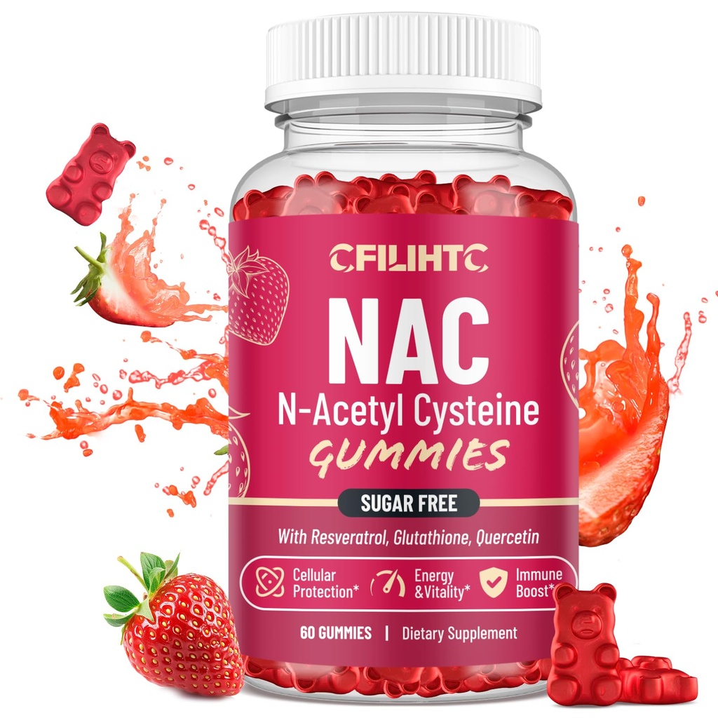 CFILIHTC NAC Gummies 600mg, N Acetyl Cysteine Supplement Glutatione, Resveratrol, Magnesium, CoQ10, NAC Pureskeltava antioksidanttien ja immunosupport, mansikka maku 60 Gummies