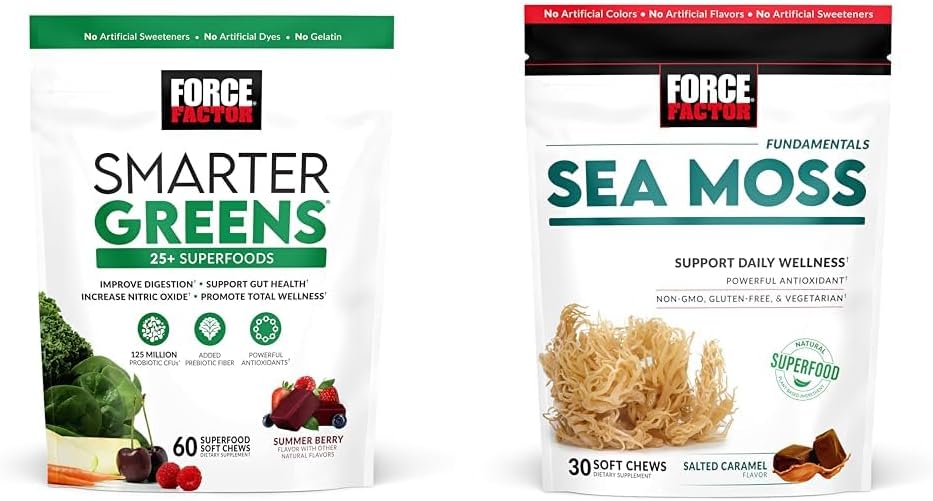FORCE FACTOR Greens Chews with 25+ Superfoods & Sea Moss Chews, 60 & 30