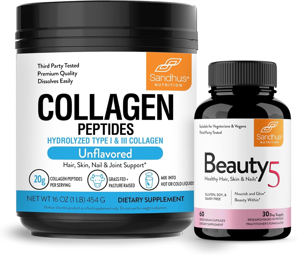 Sandhu's Grass-Fed Collagen Peptides Powder & Beauty 5 kapselia