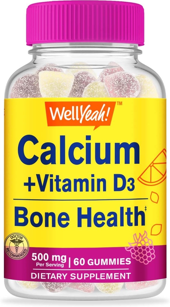 WellYeah Kalsium 500 mg + D3-vitamiini 1000 IU (25 mikrog) Gummies - Bone Health and Muscle Supprt, Immuunituki Gummy, Non GMO, Gluteeniton, Mix Fruit Flavors - 60 Gummies