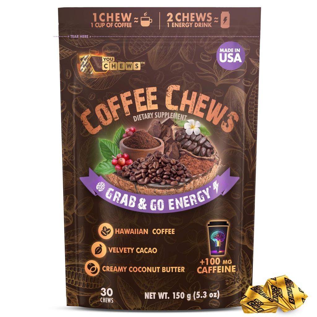 YouCheews Coffee Chews - Tartu ja mene energiaa 100mg per puru Puhdasta, vihreää kofeiinia. Real Organic Ingredients, Low Sugar, Suuri Rohkea maku ja pitkä kestävä energia Boost (30 Chews Pack)