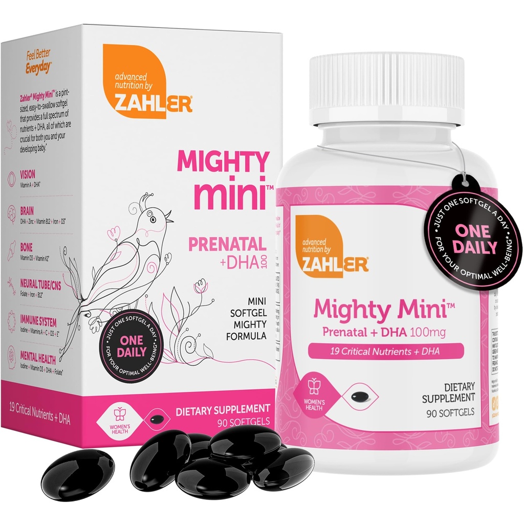 Zahler Mighty Mini Prenatal Vitamin med DHA & Folate - Certified Kosher - Alla naturliga prenatala vitaminer - Multivitamin för gravida kvinnor - 19 prenatala vitaminer Inklusive folsyra (90 Softgels)