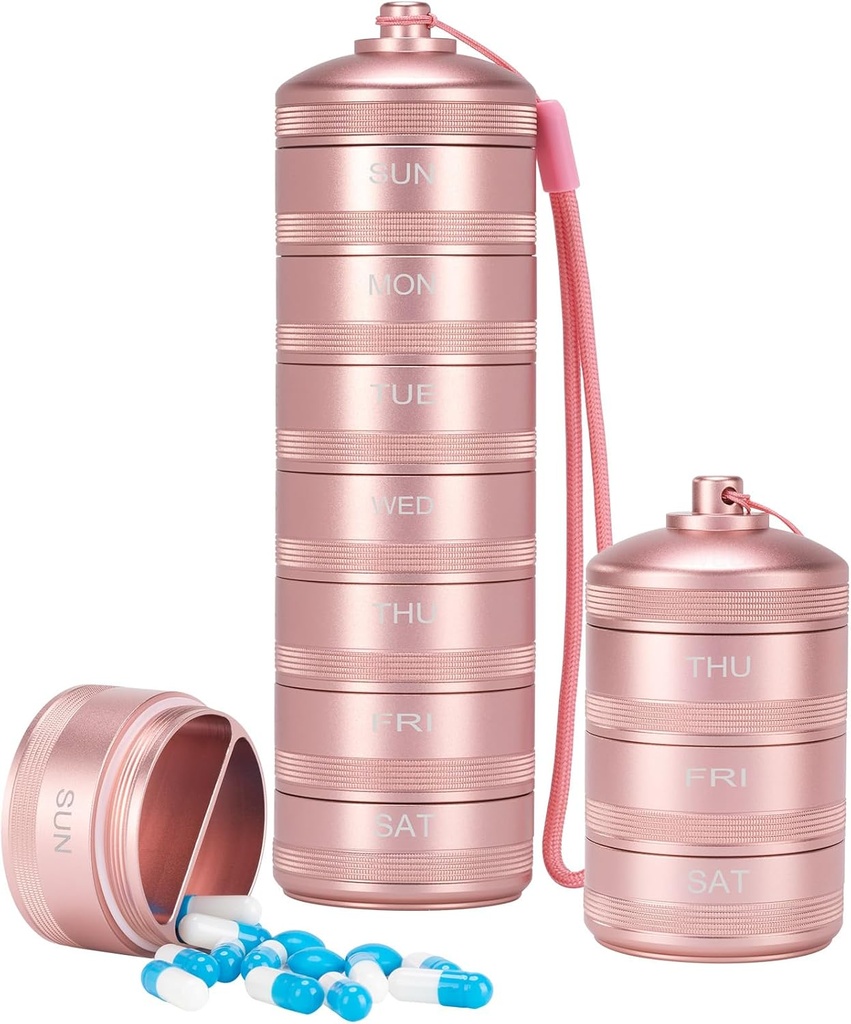 XHT Pink Weekly Metal Pill Organizer 7 Day 2 Times a Day - Estetisk vattentät AM PM Travel Pill Box, Heavy Duty Pill Holder och Medicine Pill Organizer för vitaminer, fiskolja och kosttillskott