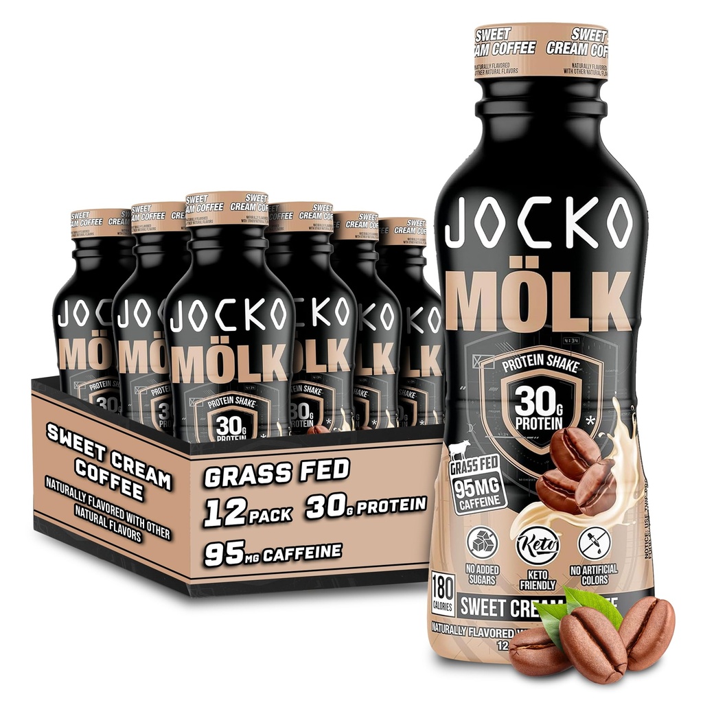 Jocko Fuel Mölk 30g Grass Fed Protein Shakes - No Added Sugar Protein Drinks KETO Friendly - Redo att dricka 12 FL Oz (Pack av 12) Sweet Cream Coffee