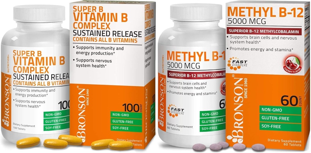 Bronson Methyl B12 5000 mikrog B12 Methylcobalamiini Lozenges + Super B-vitamiini B Complex kestävä hidas julkaisu