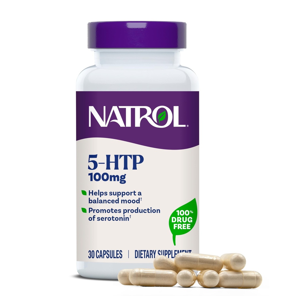 Natrol Mood + Stressi 5-HTP 100 mg, ravintolisä tasapainotettu mieliala, kapselit aikuisille, 30 kapselia, jopa 30 päivän tarjonta