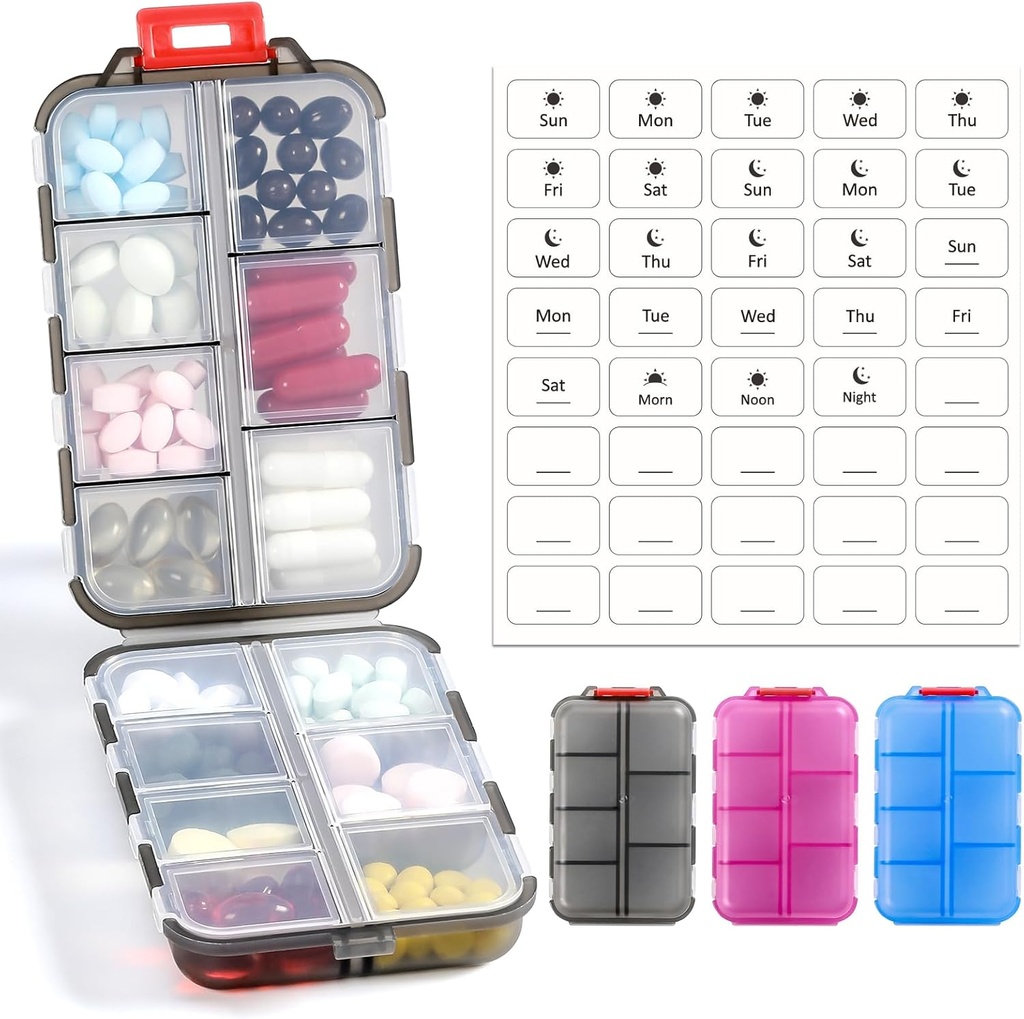 3 Pack 14 GRIDS Travel Pill Organizer Box med etiketter - Travel Medicine Case Kit - Pocket Daily Pharmacy Container - Travel Medication Holder Dispenser för Fish Oil Vitamin Supplement Storage - Clear